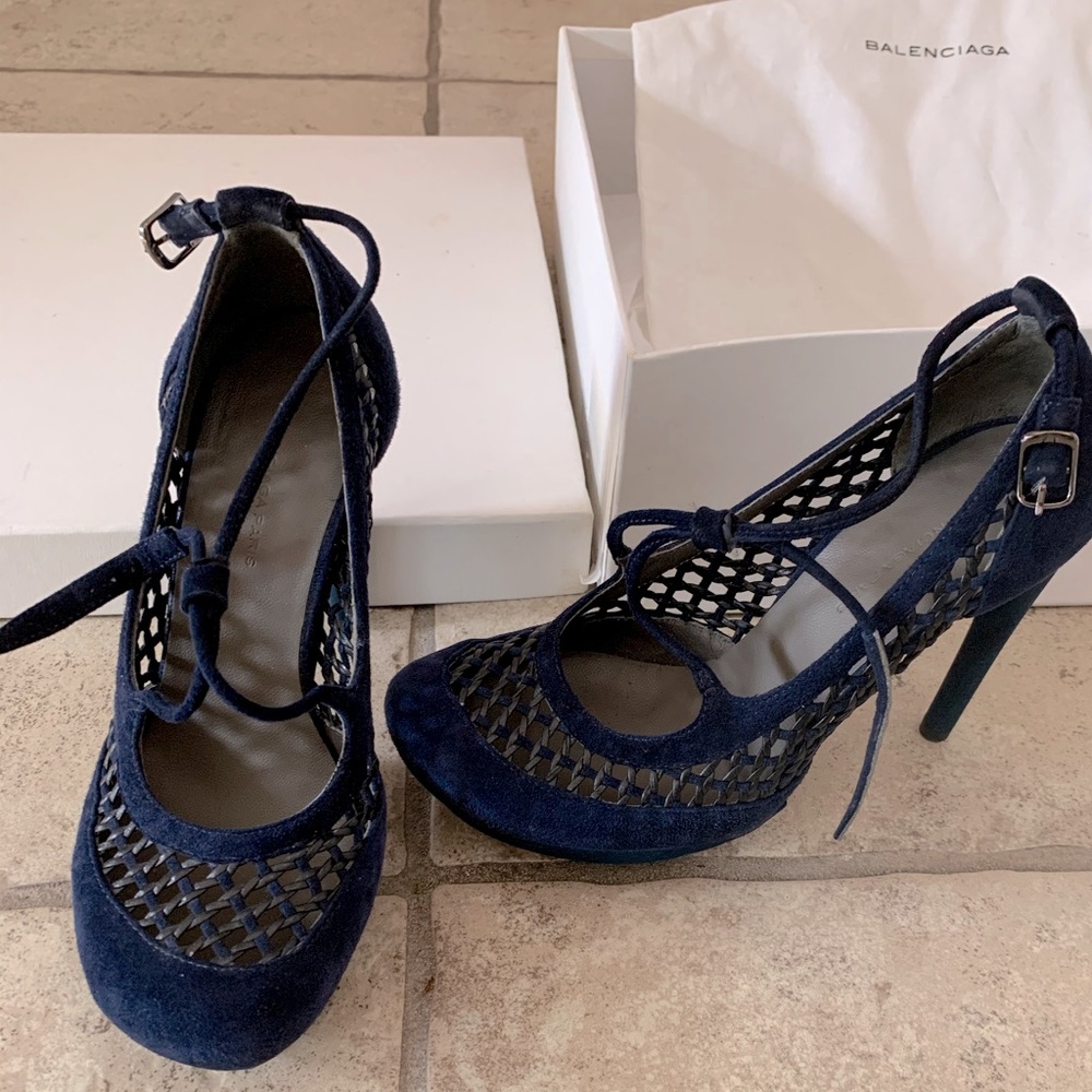 Balenciaga suede meshed wide toe heels